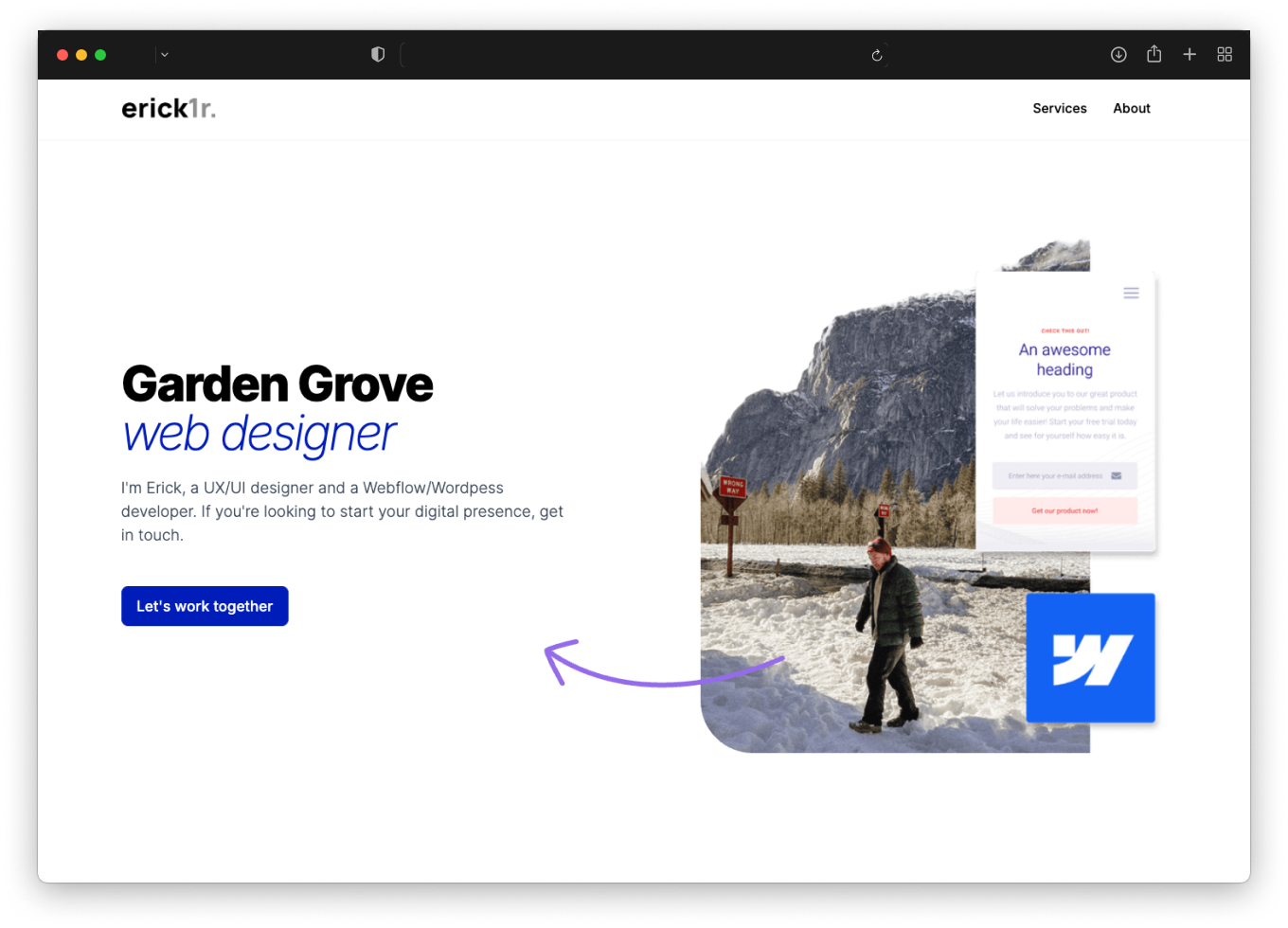 Hero section for erick1r website, garden grove, web designer